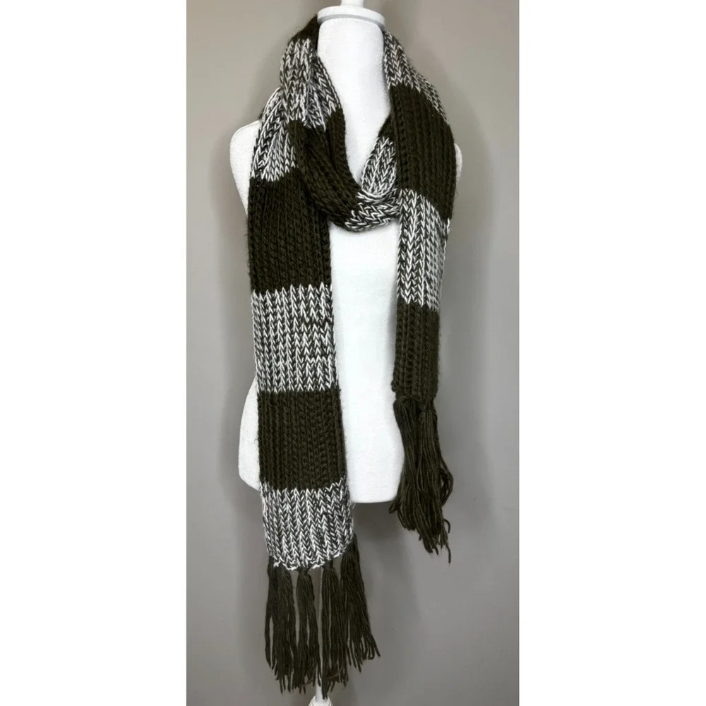 Melrose and Market Colorblock Knit White Green Fringe Long Scarf Winter One Size